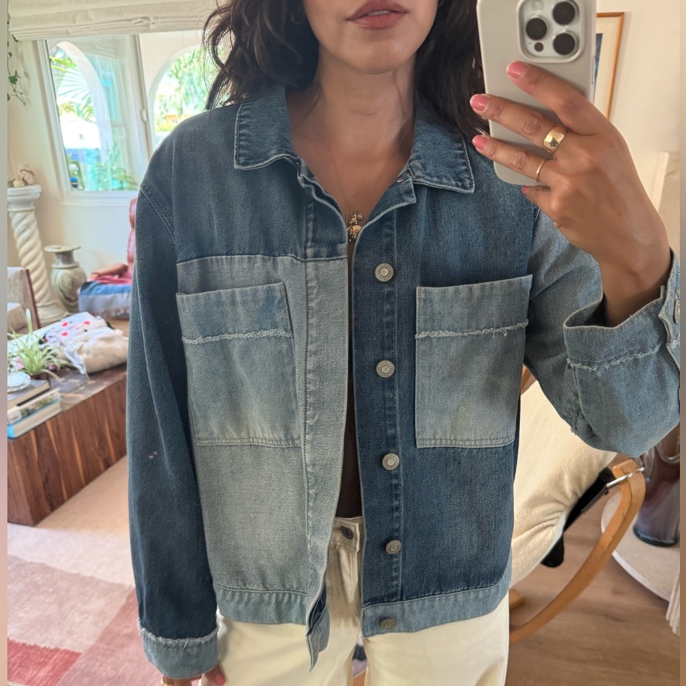 Kensie Two-Tone Blue Jean Boxy Denim Jacket